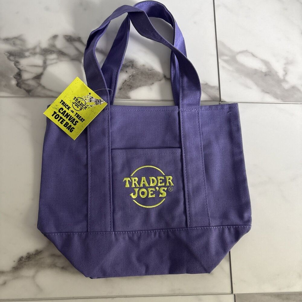 Trader Joes Trick-or-Treat Mini Canvas Tote Bag Halloween Purple/Lime Green